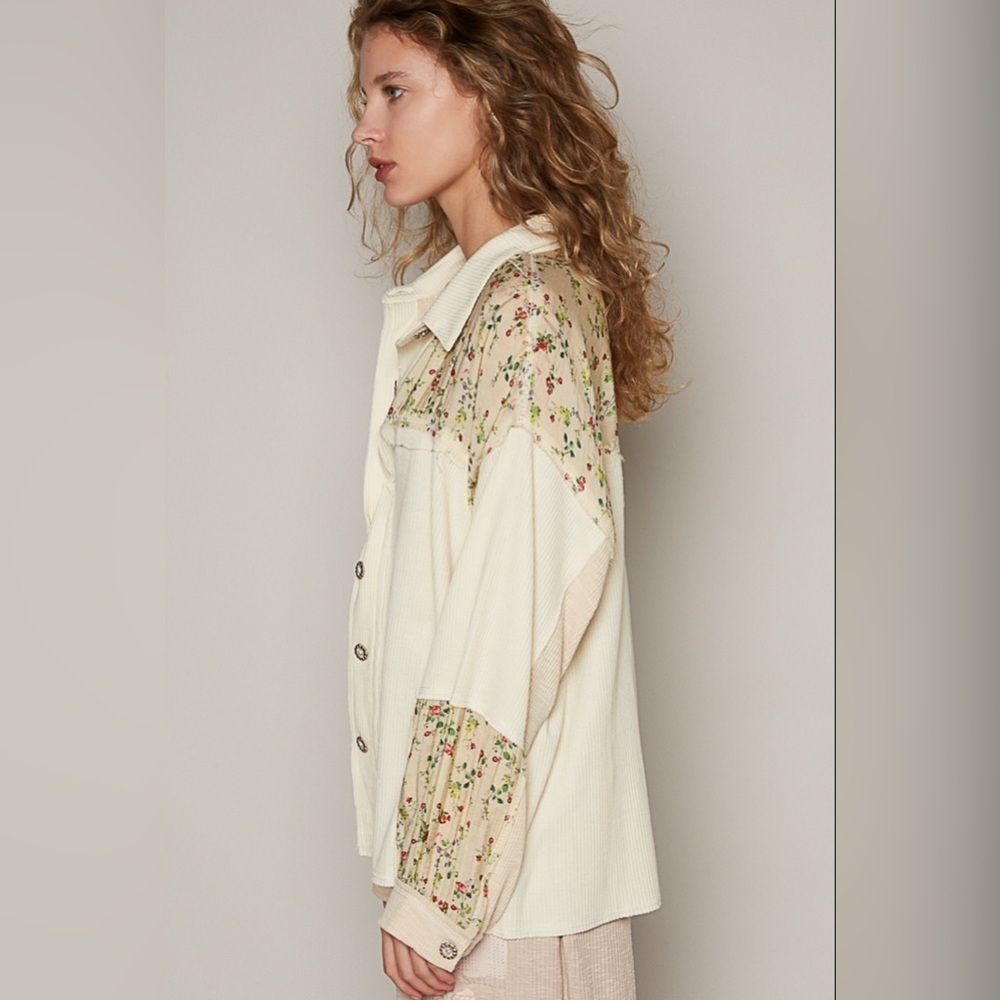 POL Floral & Waffle Knit Mixed Media Shacket ~ Perfect for Layering Year Round - Picture 4 of 16